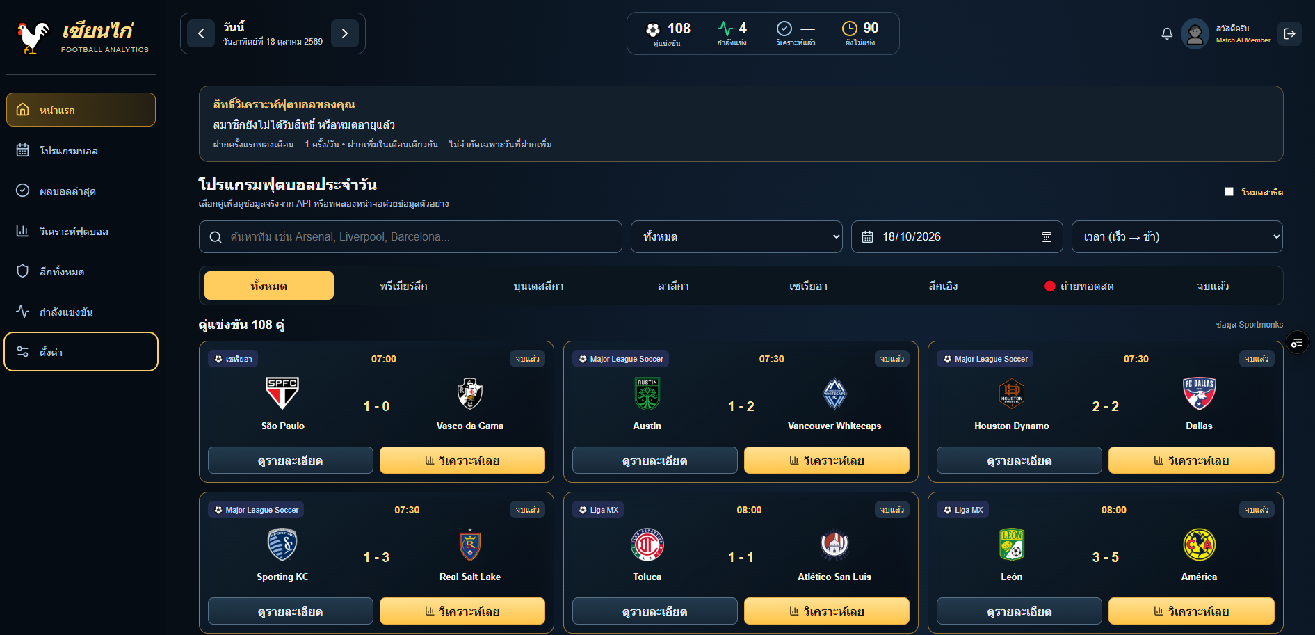 ตัวอย่างหน้าจอ Match Center ของระบบวิเคราะห์ฟุตบอล SIANKAI
